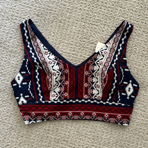 Printed Boho Hippie Aztec Red White Blue Crop Top - Picture 2 of 4